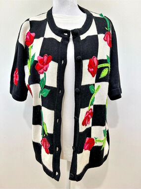 Terrazzo Checkered Floral Cardigan in Black & White Like New